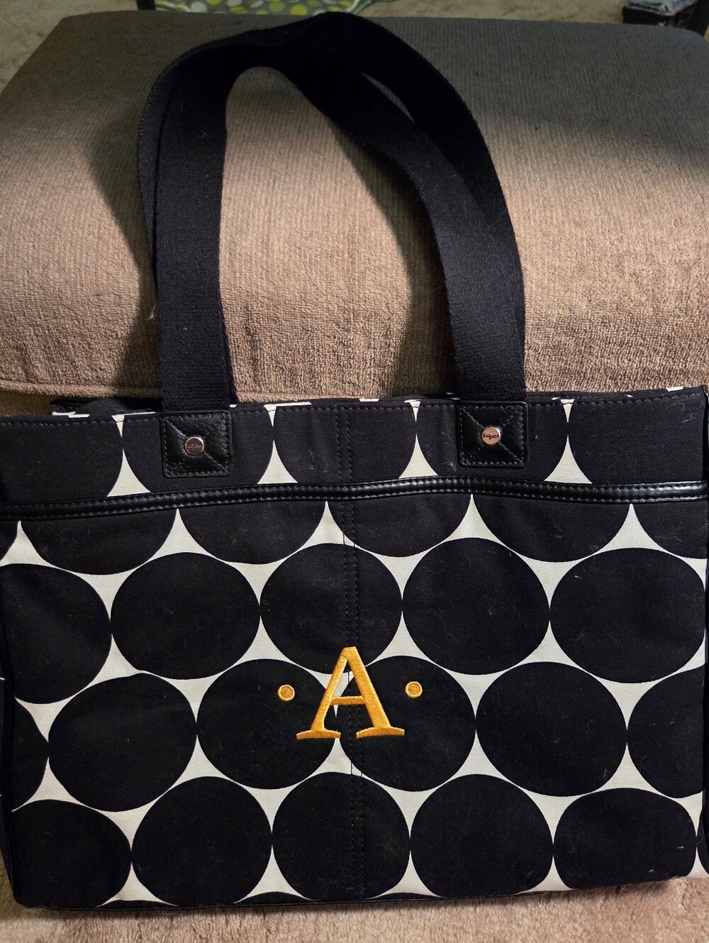 Thirty One Work Organizer Black and White Polka Dot Tote with Yellow Monogram A